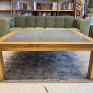 Coffee table hand-made out of old reclaimed teak wood. Indonesia, Belgian bleue stone. Designed in Belgium