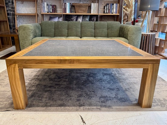 Coffee table hand-made out of old reclaimed teak wood. Indonesia, Belgian bleue stone. Designed in Belgium