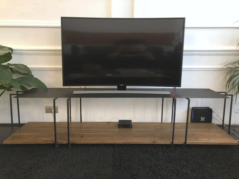 Minimalist TV long table, 2 levels, in metal and reclaimed teak wood