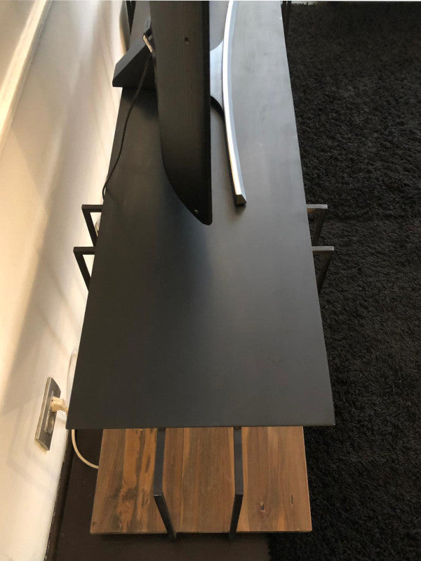 Minimalist TV long table, 2 levels, in metal and reclaimed teak wood