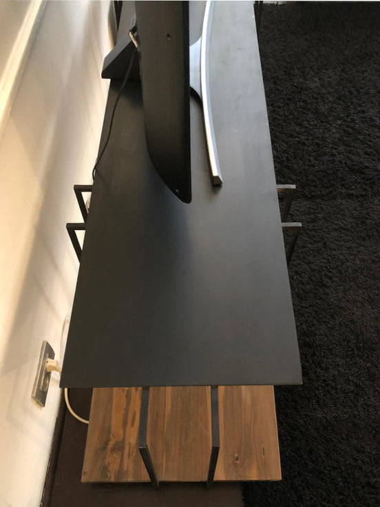 Minimalist TV long table, 2 levels, in metal and reclaimed teak wood