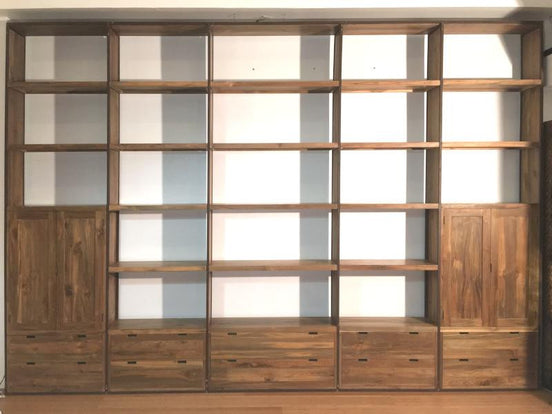 Bespoke, very large bookshelf, in old teak and metal