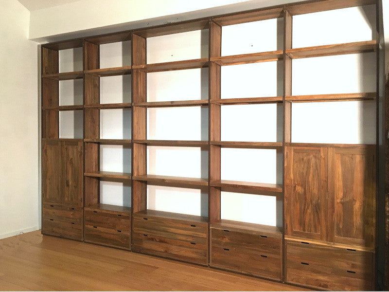 Bespoke, very large bookshelf, in old teak and metal