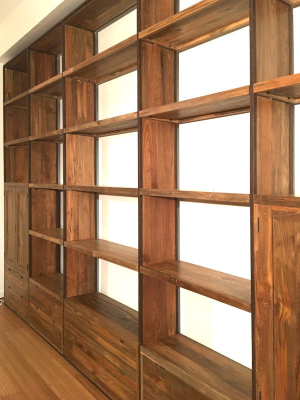 Bespoke, very large bookshelf, in old teak and metal
