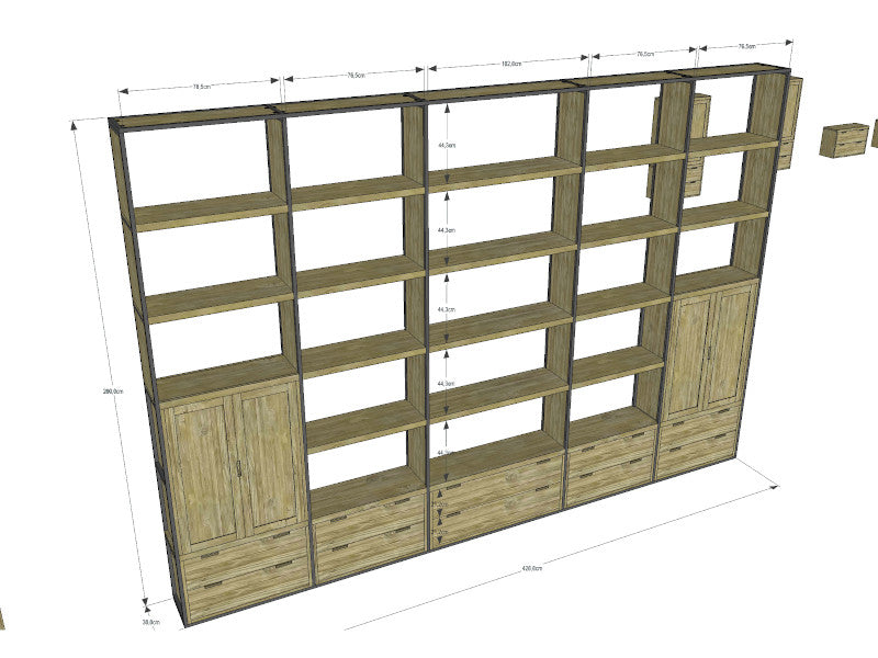 Bespoke, very large bookshelf, in old teak and metal