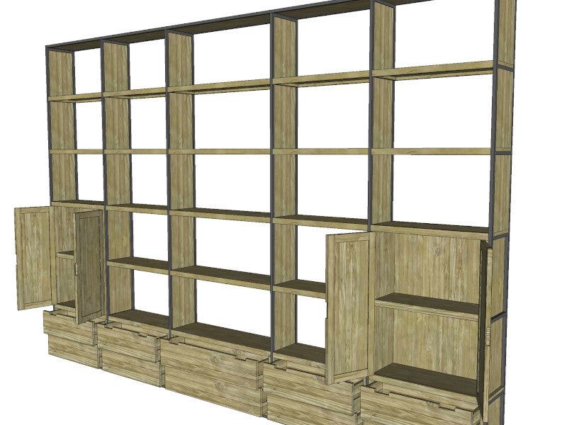 Bespoke, very large bookshelf, in old teak and metal