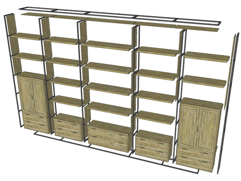 Bespoke, very large bookshelf, in old teak and metal