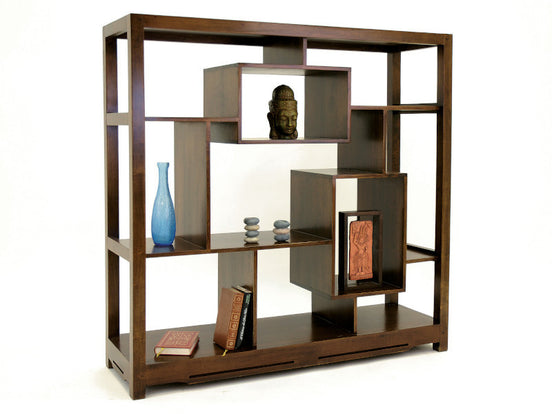 Asymmetric bookshelf zen style in solid hevea wood