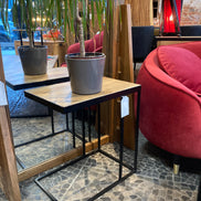 Side table in untreated solid reclaimed teak and iron