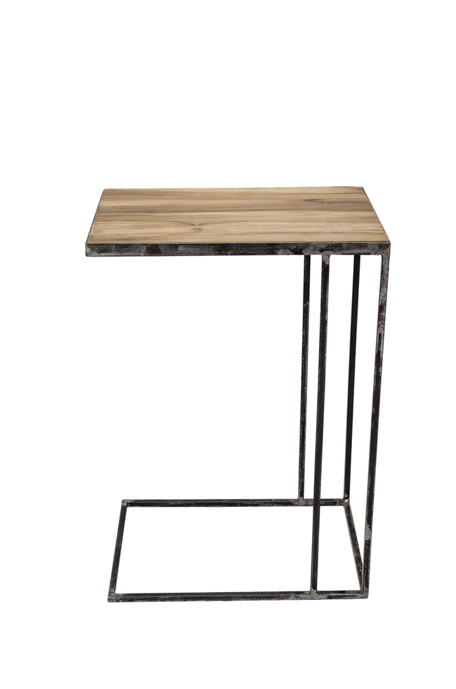 Side table in untreated solid reclaimed teak and iron