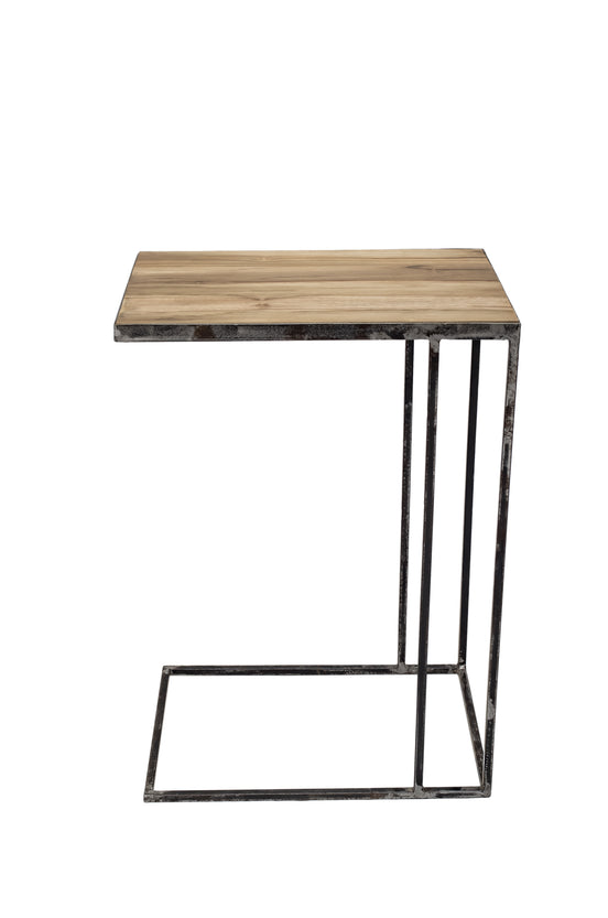 Side table in untreated solid reclaimed teak and iron