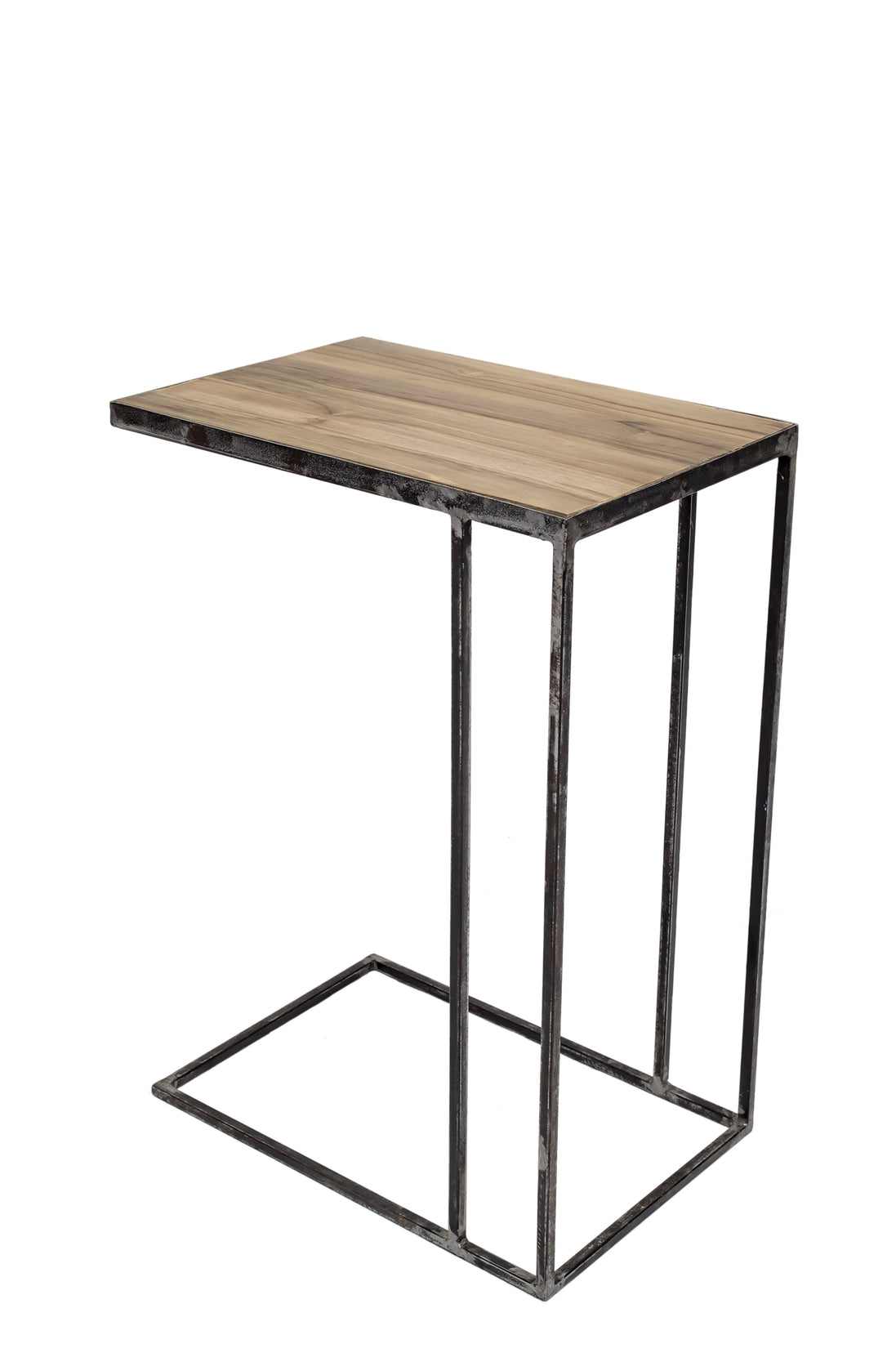 Side table in untreated solid reclaimed teak and iron