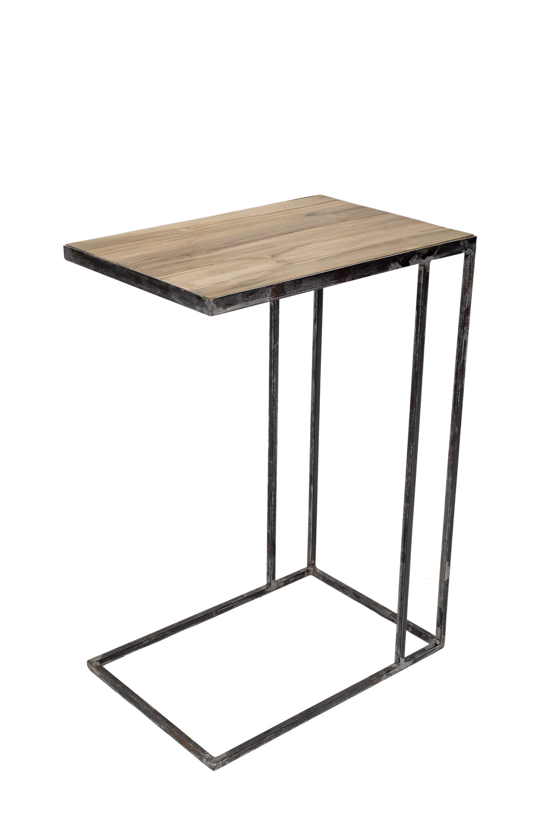Side table in untreated solid reclaimed teak and iron