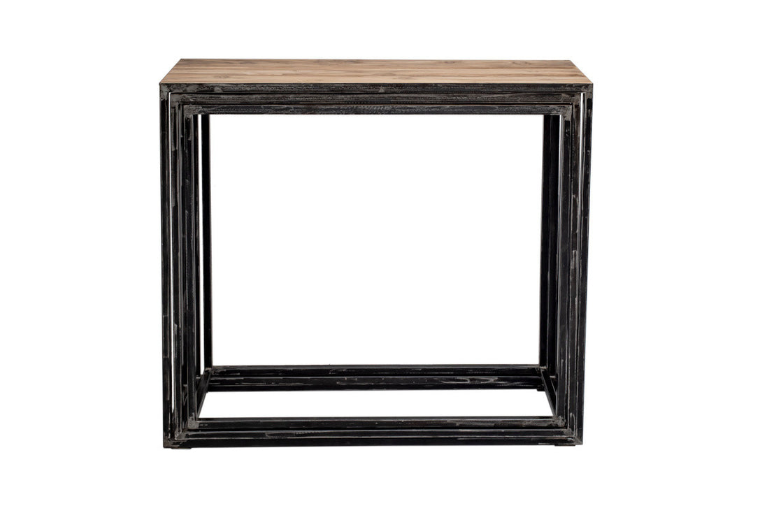 Industrial metal console with teak top