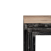 Industrial metal console with teak top