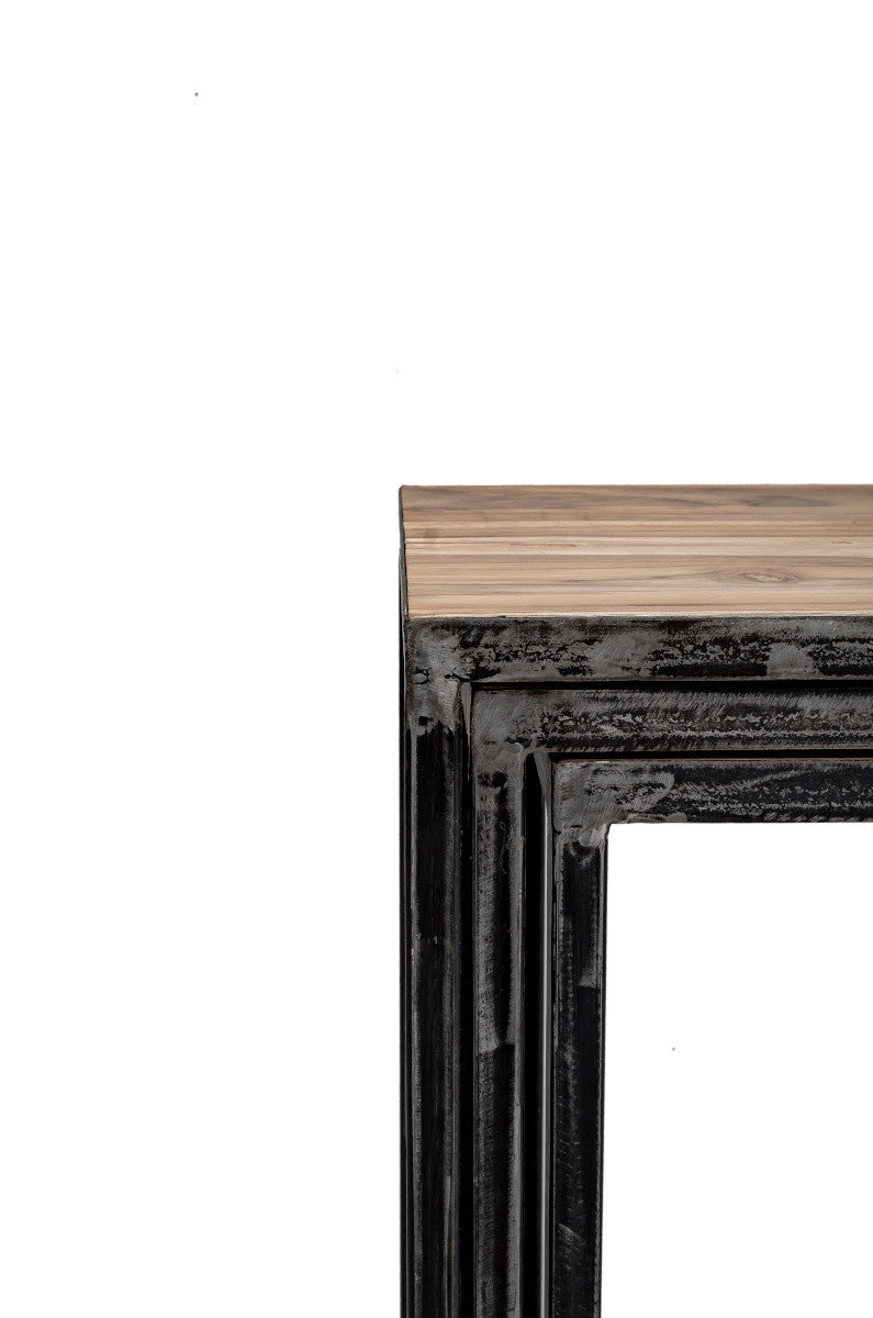 Industrial metal console with teak top