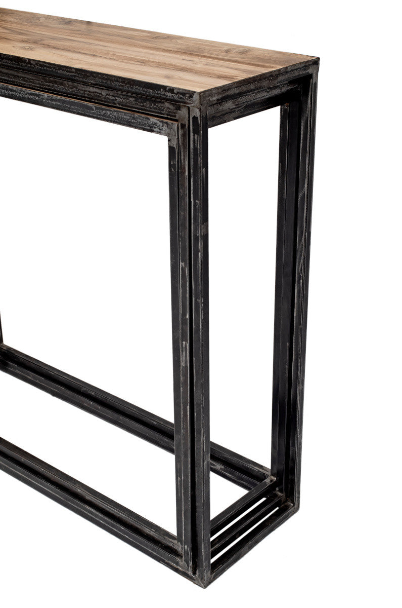 Industrial metal console with teak top