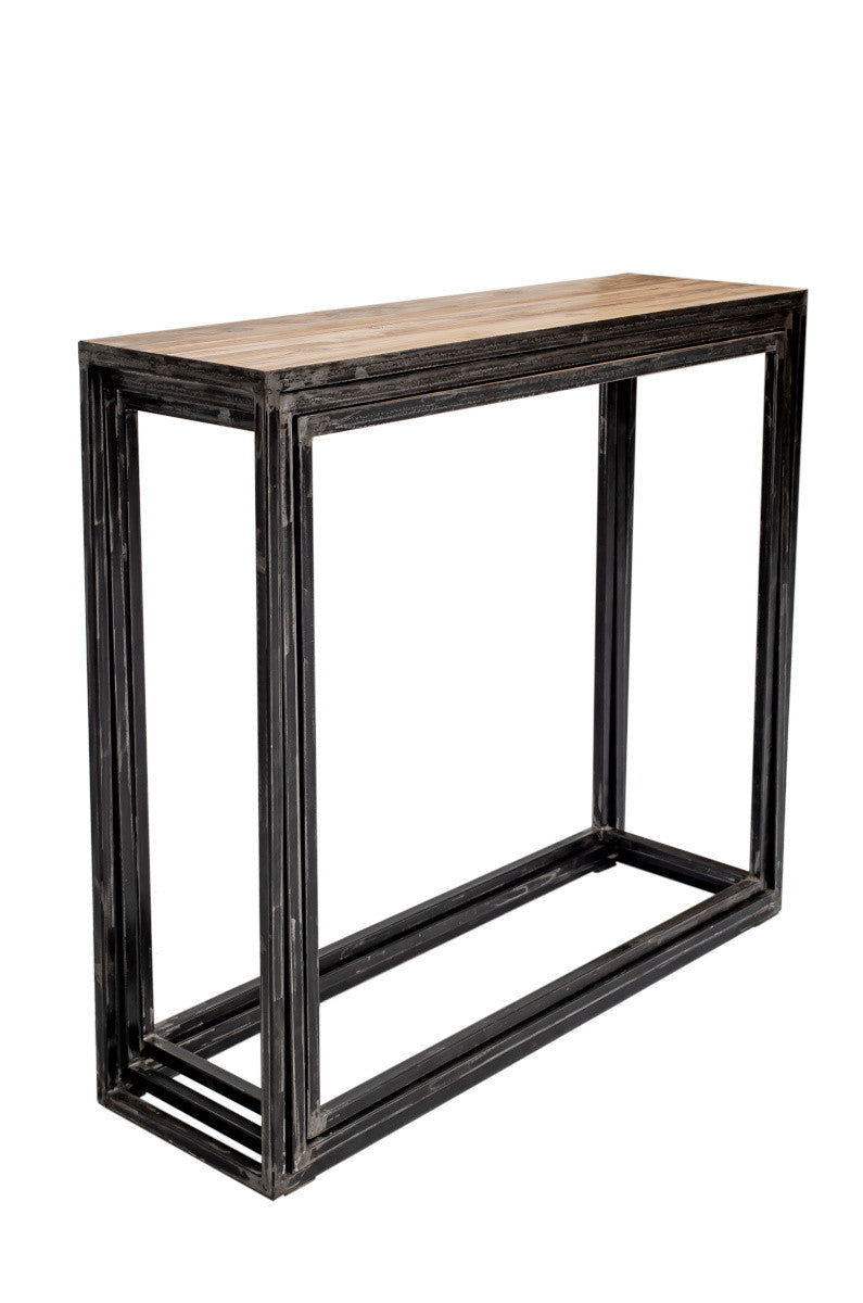 Industrial metal console with teak top