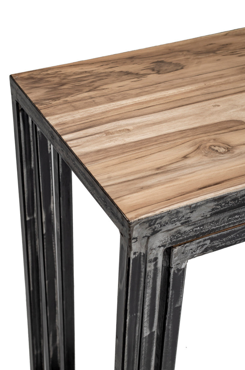 Industrial metal console with teak top