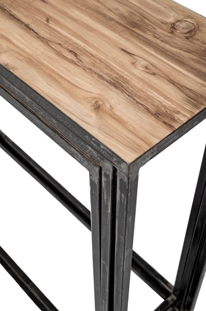 Industrial metal console with teak top