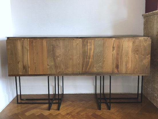 Minimalist Sideboard, 4 doors, In Metal & Reclaimed Teak Wood