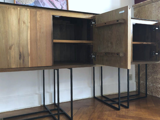 Minimalist Sideboard, 4 doors, In Metal & Reclaimed Teak Wood