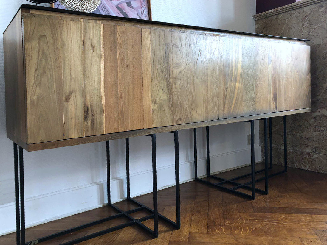 Minimalist Sideboard, 4 doors, In Metal & Reclaimed Teak Wood