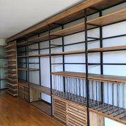 Bespoke, long rack to store books, vinyls, cd's, in solid oak & steel