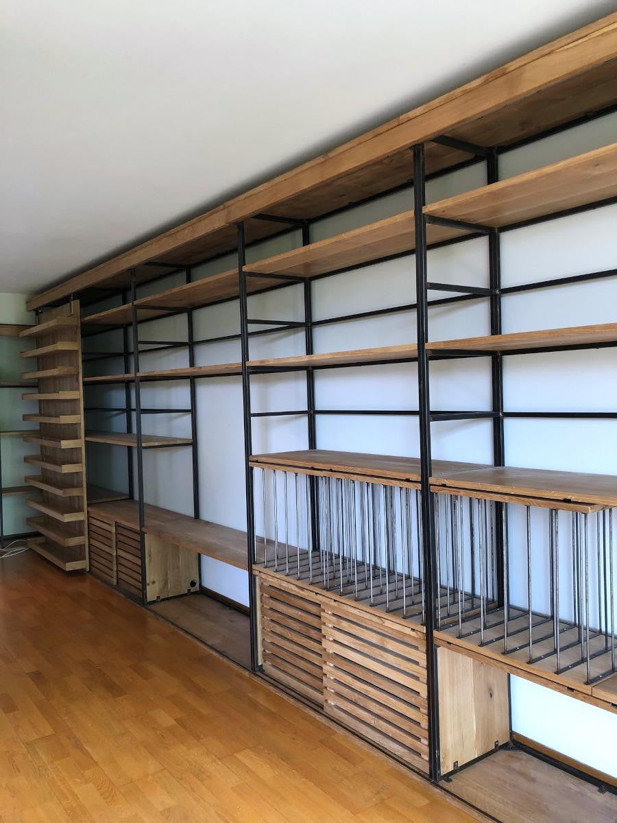 Bespoke, long rack to store books, vinyls, cd's, in solid oak & steel