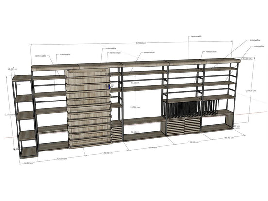 Bespoke, long rack to store books, vinyls, cd's, in solid oak & steel