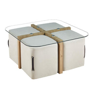 SHANA | Coffee table with set of 4 fabric poufs with aged oak decor