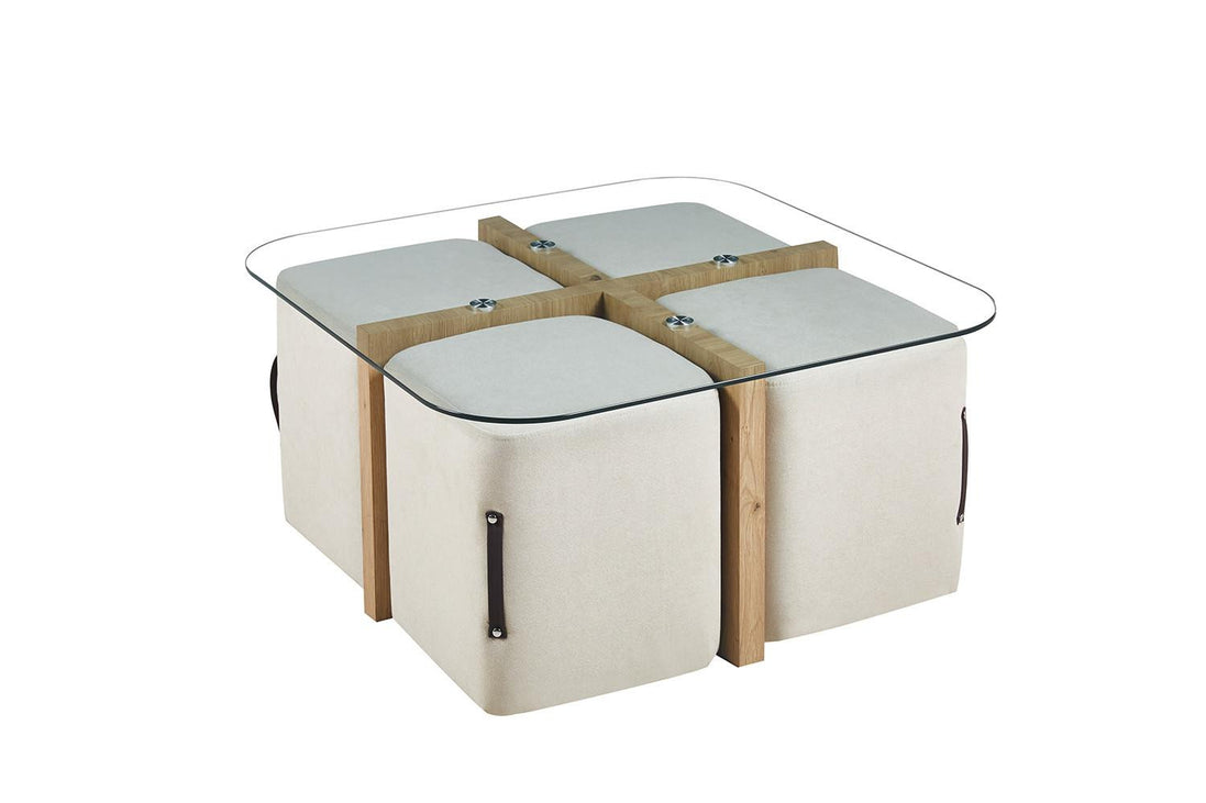 SHANA | Coffee table with set of 4 fabric poufs with aged oak decor