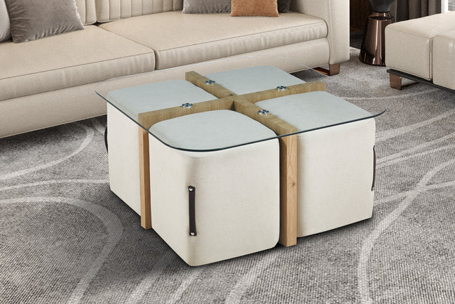 SHANA | Coffee table with set of 4 fabric poufs with aged oak decor