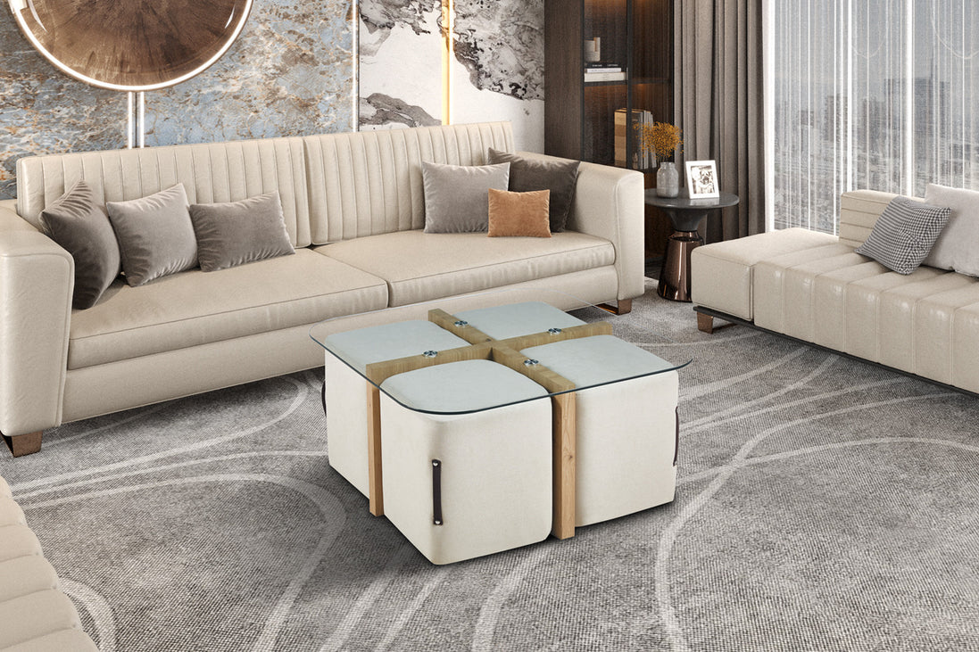 SHANA | Coffee table with set of 4 fabric poufs with aged oak decor
