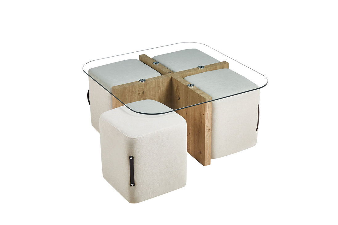 SHANA | Coffee table with set of 4 fabric poufs with aged oak decor