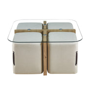 SHANA | Coffee table with set of 4 fabric poufs with aged oak decor