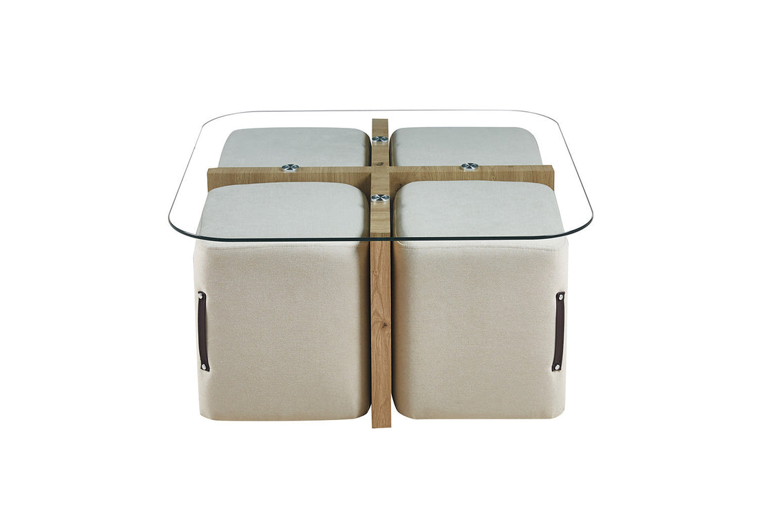 SHANA | Coffee table with set of 4 fabric poufs with aged oak decor