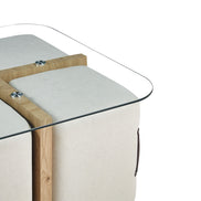 SHANA | Coffee table with set of 4 fabric poufs with aged oak decor