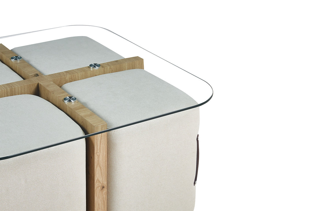 SHANA | Coffee table with set of 4 fabric poufs with aged oak decor