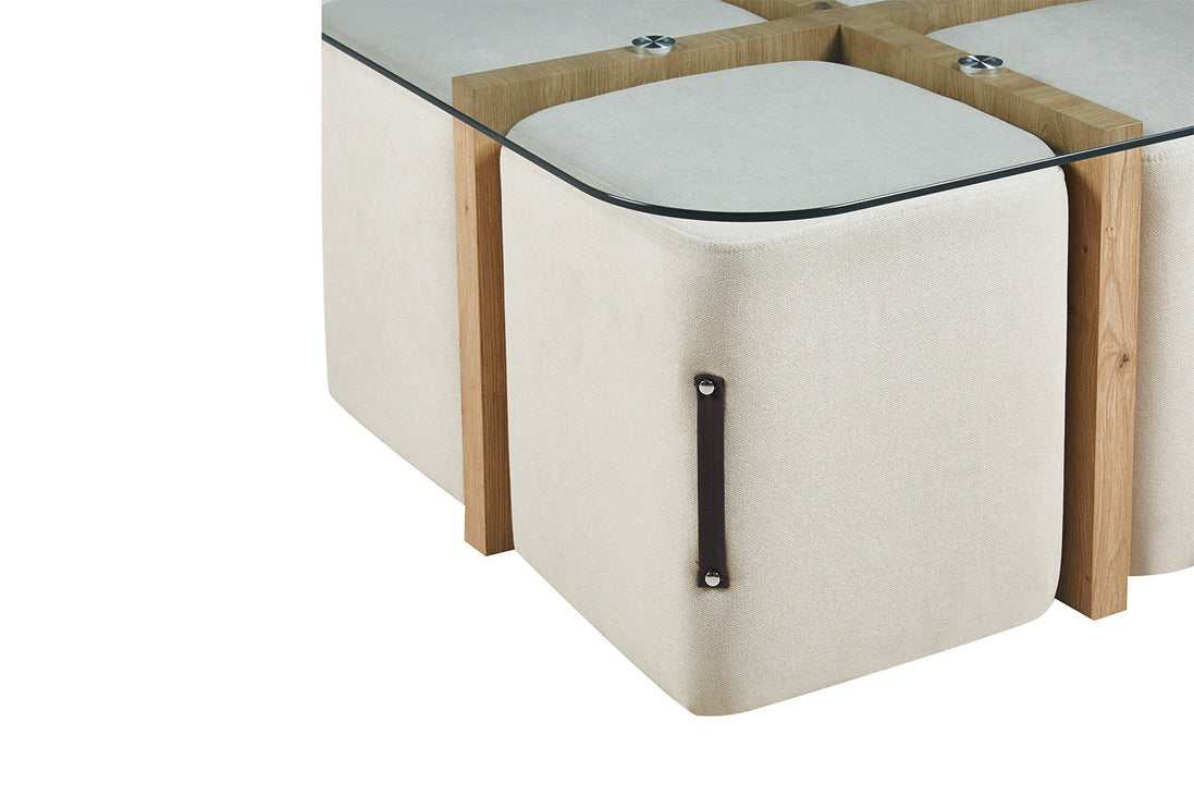 SHANA | Coffee table with set of 4 fabric poufs with aged oak decor