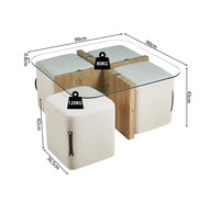 SHANA | Coffee table with set of 4 fabric poufs with aged oak decor