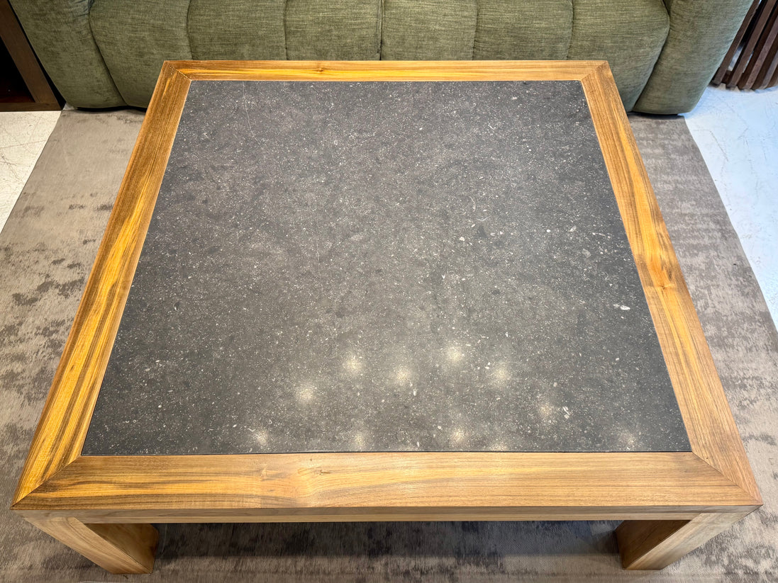 Coffee table hand-made out of old reclaimed teak wood. Indonesia, Belgian bleue stone. Designed in Belgium