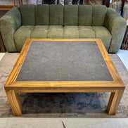 Coffee table hand-made out of old reclaimed teak wood. Indonesia, Belgian bleue stone. Designed in Belgium