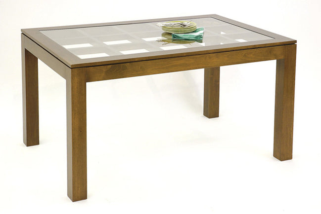 Dining table with glass top on an elegant lattice