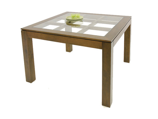 Squared dining table with glass top on an elegant lattice