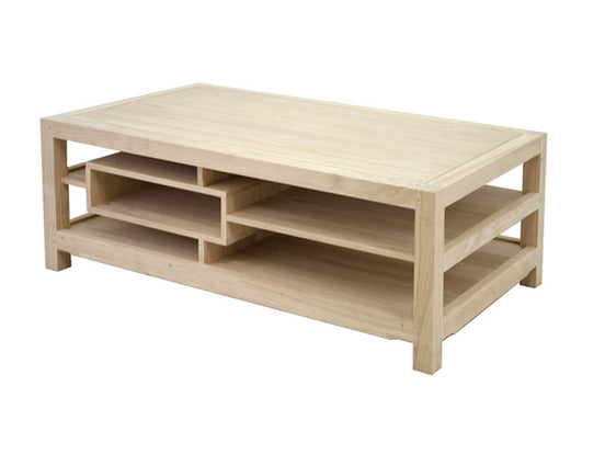 Coffee table with asymmetrical shelves