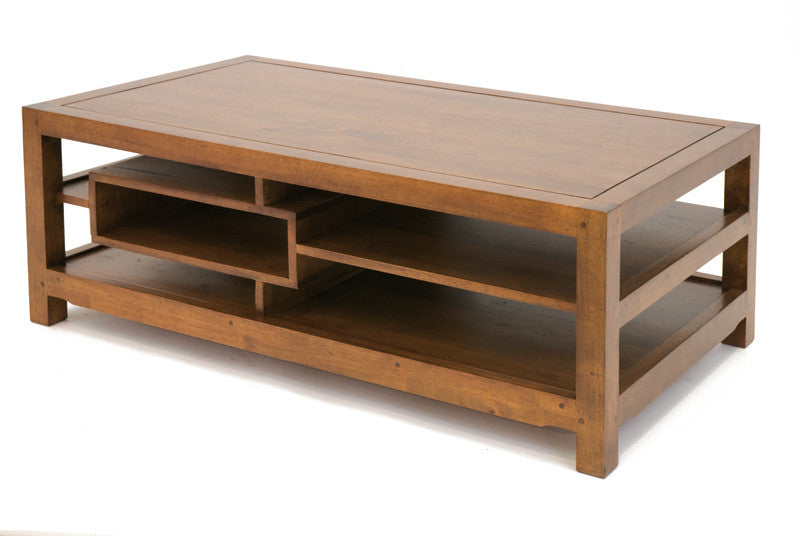 Coffee table with asymmetrical shelves