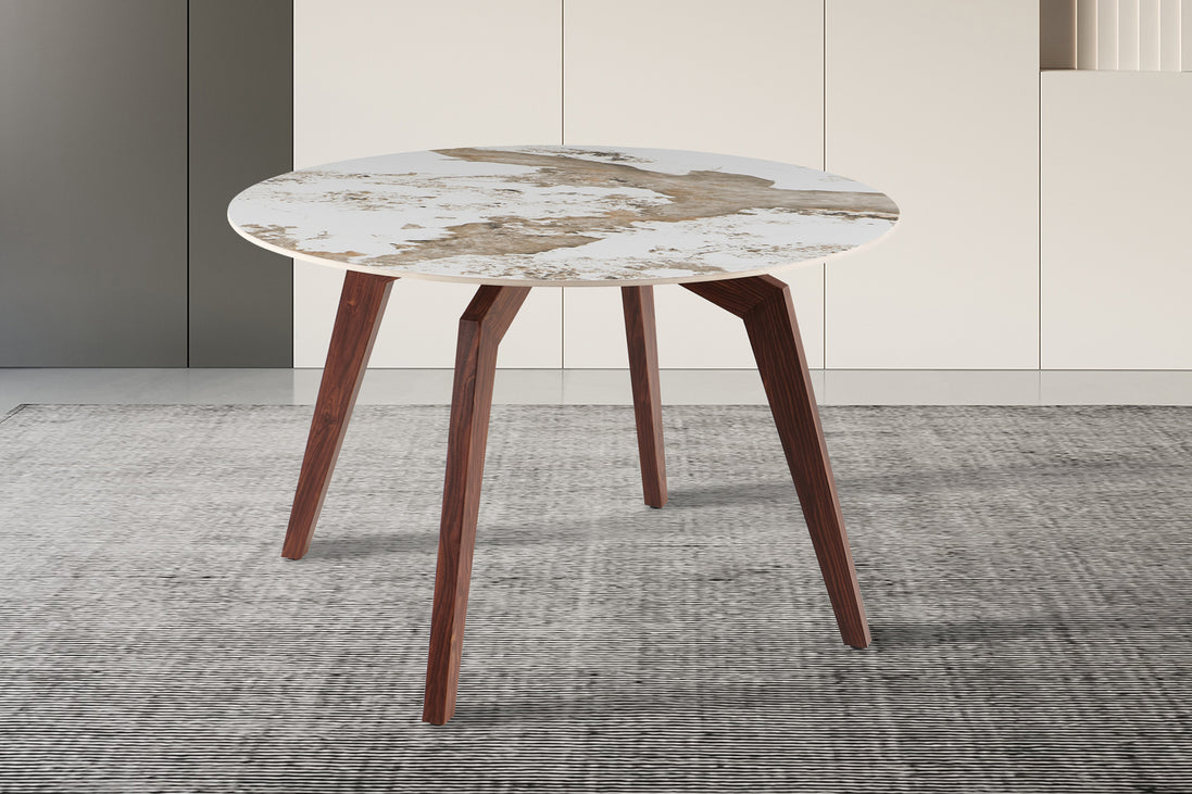 Table 'Alma' 120 cm Round Glossy Stone Pandora - Leg walnut